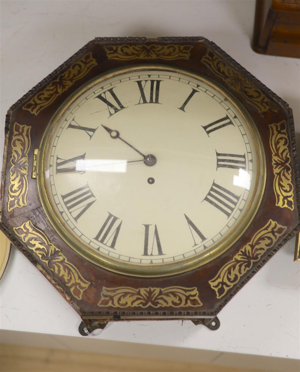 A William IV brass inlaid mahogany wall clock, 42.5cm wide, depth 13cm, single fusee movement
